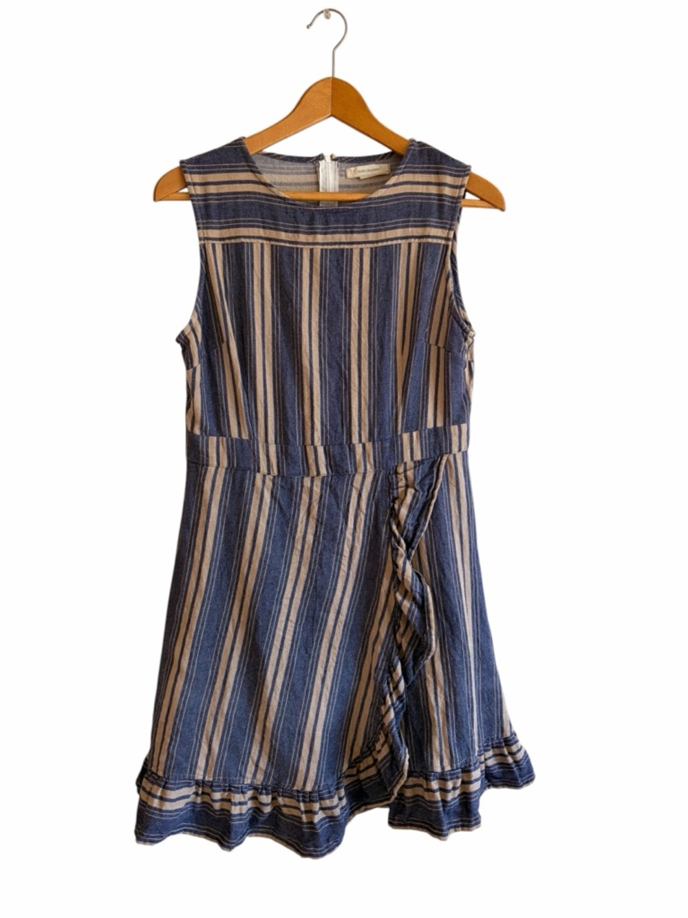 Mata Traders Country Chic Blue and Sand Striped Ruffle-Hem Dress 100% Cotton